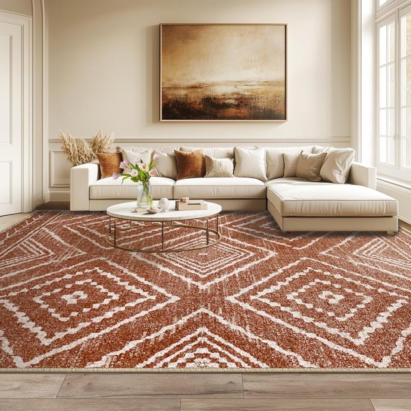 BESTSWEETIE 8x10 Area Rugs Moroccan Rug 8x10 Rugs Farmhouse Rug Machine Washable Rugs Non-Slip Low Pile Ultra Soft Faux Wool for Living Room Bedroom Indoor Redbrown