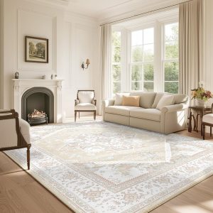 BESTSWEETIE Area Rug 8x10 Rug for Living Room, Washable Rug 8x10, Non Slip Water Repellent Floor Carpet, Low Pile Soft Vintage Rug for Bedroom Dining Room Indoor-Cream/Light...