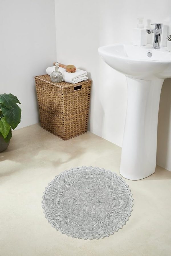 Better Trends Lilly Crochet Round Bathroom Rug & Absorbent Bathroom Mat, Reversible Bathroom Rugs, Bath mats for Bathroom, 100% Cotton Bathmats Washable - 24", Grey Round Rug