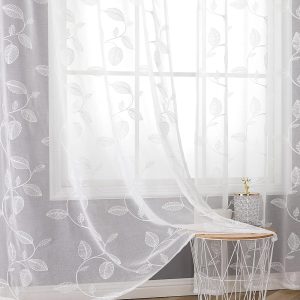 BGment White Sheer Curtains 84 inches Long 2 Panels for Living Room, Embroidered Leaf Pattern Linen Textured Light Filtering Grommet Window Semi Sheer Voile Drapes, Each Panel...