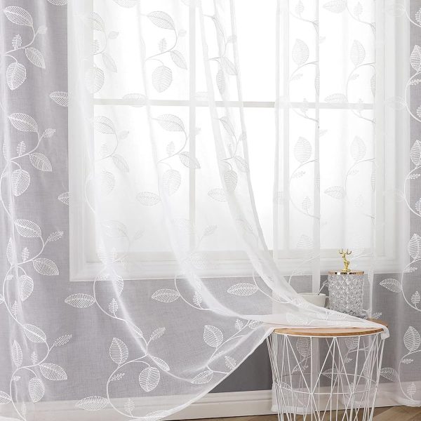 BGment White Sheer Curtains 84 inches Long 2 Panels for Living Room, Embroidered Leaf Pattern Linen Textured Light Filtering Grommet Window Semi Sheer Voile Drapes, Each Panel...