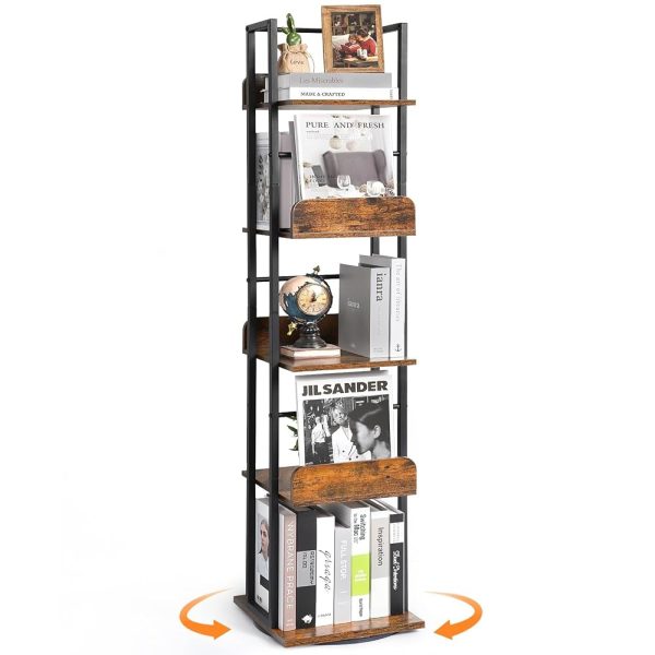 Bikoney Bookshelves 5-Tier, Rotating Bookshelf Tower for Corner, Small Bookcase, Tall Industrial Bookshelf, Narrow Bookshelf, Wood and Metal Black