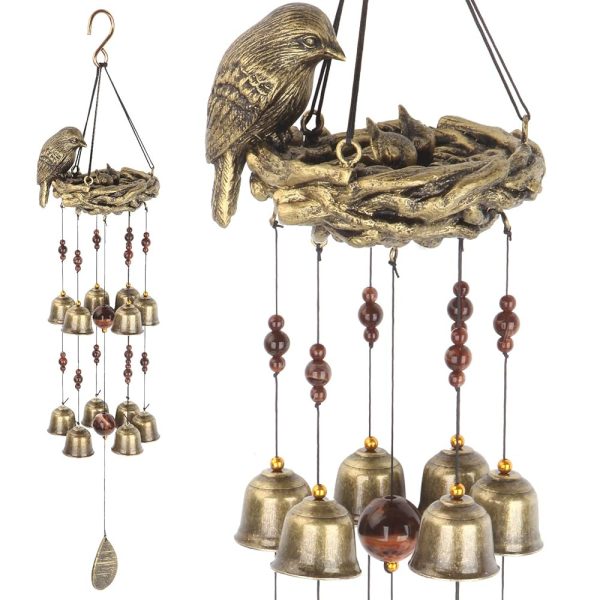 Bird Nest Wind Chime, Bird Bells Chimes with 12 Wind Bells for Glory Mother’s Love Gift, Garden Backyard Church Hanging Decor, Bronze