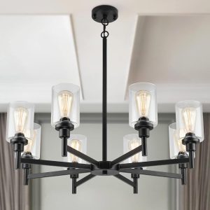 Black Chandeliers for Dining Room Light Fixture, Modern Farmhouse Chandeliers, 8 Lights with Clear Glass Shade Industrial Chandelier for Living Room Kitchen Island