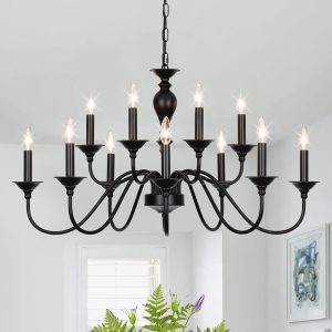 Black Farmhouse Chandeliers for Dining Room Light Fixtures Over Table, 12 Light Industrial Candle Hanging Light Fixture for Living Room Kitchen Island Foyer Staircase