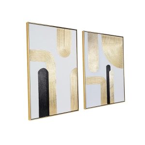 Black Gold Abstract Wall Art - Hand-Painted Geometric Line Spiral Duo Abstract Shapes Canvas Artwork Decor, Set of 2, 24 x 36 Inches, Framed Wall Art