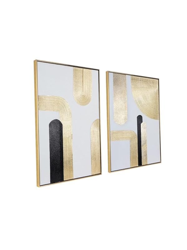 Black Gold Abstract Wall Art - Hand-Painted Geometric Line Spiral Duo Abstract Shapes Canvas Artwork Decor, Set of 2, 24 x 36 Inches, Framed Wall Art