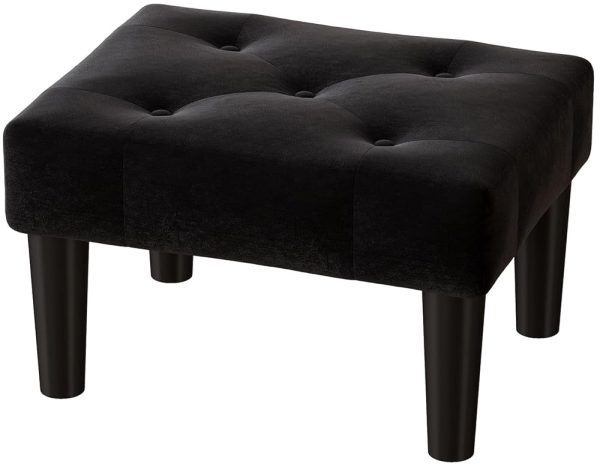 Black Ottoman Foot Stool, Small Ottoman Foot Rest, Velvet Soft Footrest Ottoman with Wood Legs, Sofa Footrest Extra Seating for Living Room Entryway Office