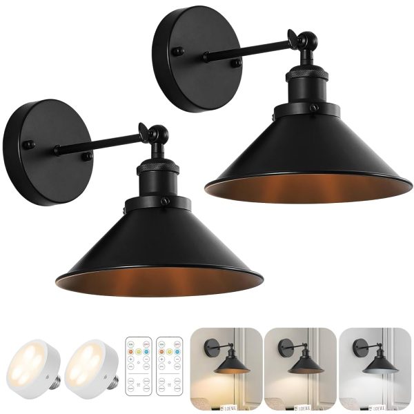 Black Vintage Wireless Battery Operated Wall Sconces, Industrial Cordless Battery Powered Led Wall Lights Set of 2, Wall Lamp Fixture Indoor with Remote Control for Bedroom...