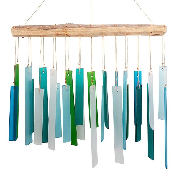 Blue Handworks Seaglass & Driftwood Chime, Sandblasted Glass and Found Wood Handcrafted Wind Chime