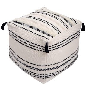 blue page Unstuffed Ottoman Pouf, Square and Striped, Morocco Tufted Boho Foot Rest, Pouf Cover with Big Tassels, Decorative Stool for Bedroom and Living Room, (18x18x16 Inches,...