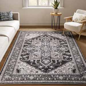 Boho Area Rugs Machine Washable for Living Room Bedroom, Large 5x7 Vintage Non-Slip Stain Resistant Floor Carpet Indoor for Kitchen Dining Room Office Home Decor, Bitter Black