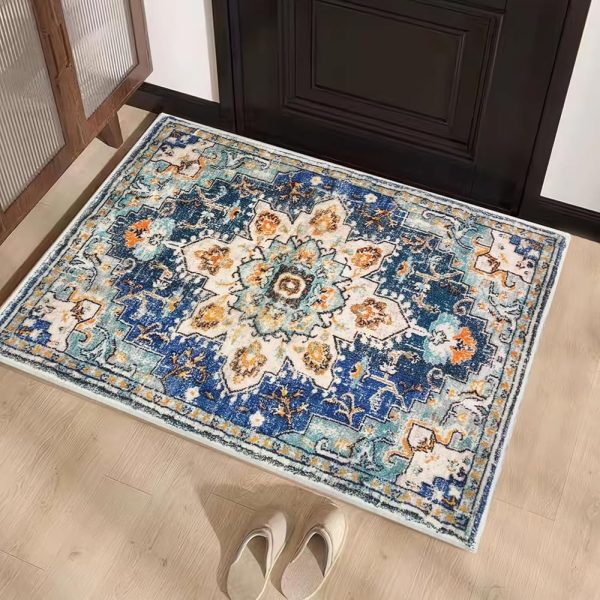 Boho Entryway 2x3 Blue Rugs Indoor - Washable Area Rug Throw Small Rugs for Bedroom Non-Slip Lightweight Bathroom, Low Pile Distressed Floor Carpet Vintage Print Floor Doormat...