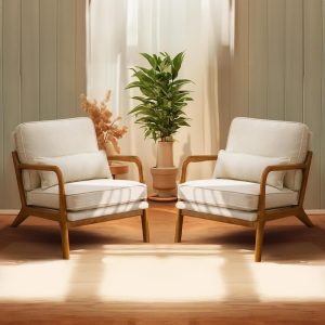 Bonnlo Beige Accent Chairs Set of 2, Upholstered Mid Century Modern Lounge Fabric Chairs Reading Chairs Side Sitting Chair Solid Wood Farmhouse Armchairs for Living Room,...