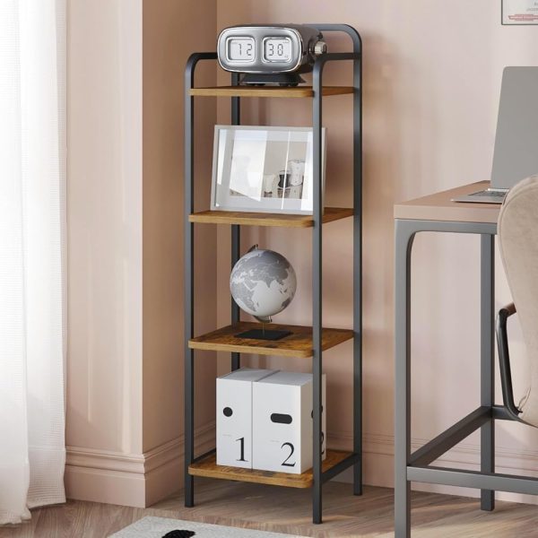 Bookcase Bookshelf, 4-Tier Narrow Book Shelf, Industrial Coner Shelf Storage Organizer, Slim Shelving Unit for Home Office, Living Room, Bedroom, Kitchen, Rustic Brown and Black...