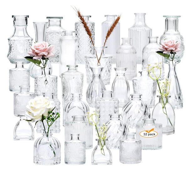 Brajttt Set of 32 Bud Vases for Flowers, Small Vintage Glass Bottles for Rustic Wedding Centerpieces and Home Decor