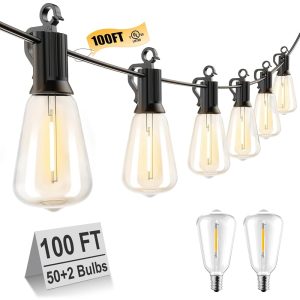 Brightown Outdoor String Lights LED 100FT Patio Lights with 52 Shatterproof ST38 Dimmable Vintage Edison Bulbs, Waterproof Outside Hanging Lights for Backyard Deck Garden Party...