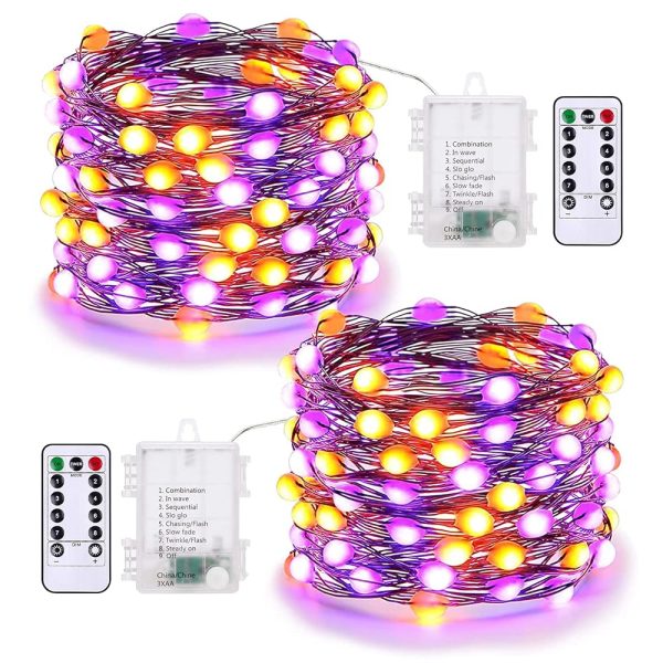 BrizLabs Purple & Orange Halloween Lights, 2 Pack 17.48ft 50 LED Halloween String Lights with Remote, 8 Modes Battery Purple & Orange Fairy Lights Waterproof Twinkle Lights for...