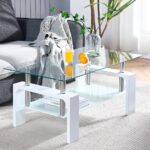 Btrpily Living Room Rectangle Coffee Table, Tea Table Suitable for Waiting Room, Modern Side Coffee Table with Wooden Leg, Glass Tabletop with Lower Shelf, 39.5*23.5*17.5 inches...