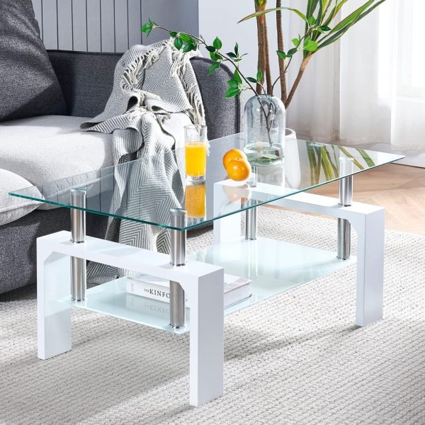 Btrpily Living Room Rectangle Coffee Table, Tea Table Suitable for Waiting Room, Modern Side Coffee Table with Wooden Leg, Glass Tabletop with Lower Shelf, 39.5*23.5*17.5 inches...