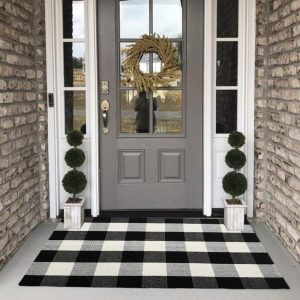 Buffalo Plaid Outdoor Rug, 27.5'' x 43'' Black and White Check Indoor/Outdoor Area Rugs, Layering Rug for Hello/Welcome Door Mat, Washable Cotton Woven Farmhouse Mat for Fall...