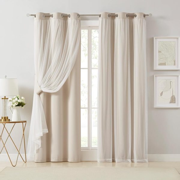 Bujasso Beige 90% Blackout Curtains with Sheer Overlay Mix and Match Double Layer Thermal Insulated Window Panels 84 inch for Living Room Bedroom Beige Drapes with Tiebacks...