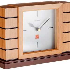 Bulova B1659 Usonian II Frank Lloyd Wright Mantel Clock, Natural Finish with Walnut Stain Base