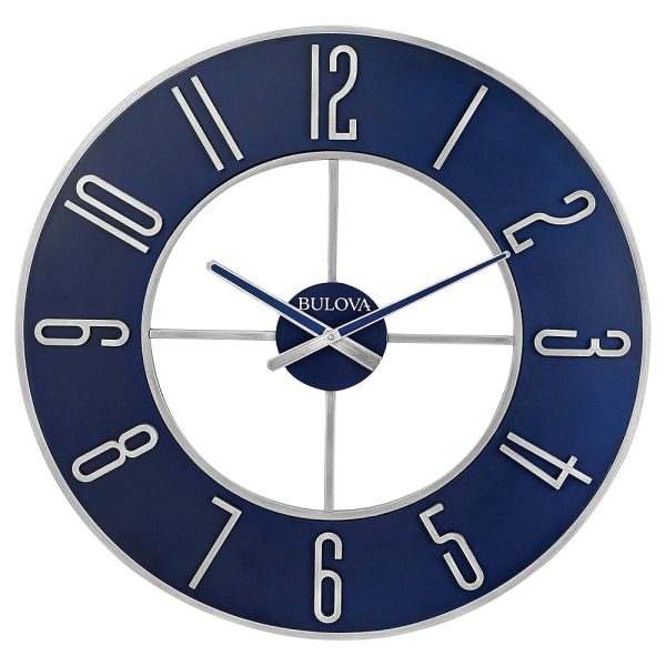 Bulova Steel Oversize Wall Clock, 27", Silver and Blue