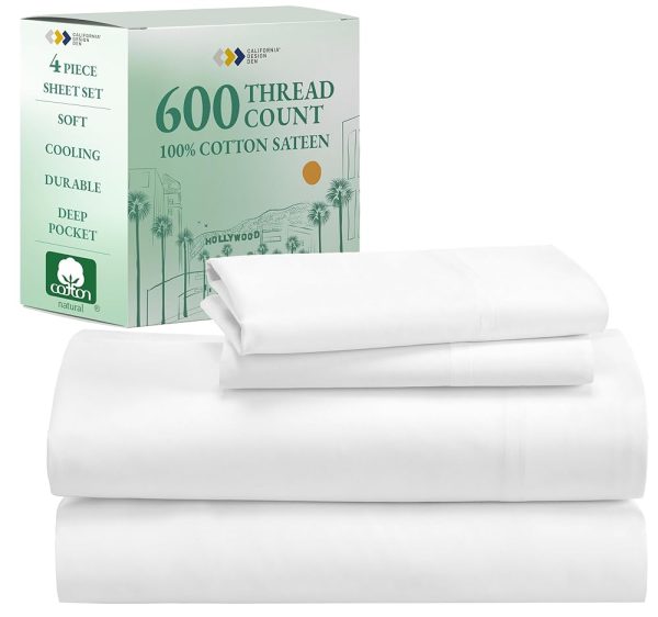 California Design Den Luxury California King Extra Deep Pocket Sheets, 600 Thread Count 100% Cotton Sateen, California King Sheet Set, Hotel-Quality Bedding - Bright White