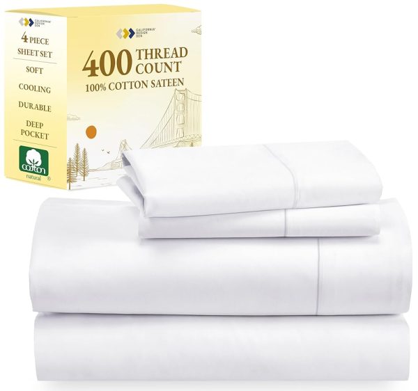 California Design Den Queen Size Bed Set, Good Housekeeping Award Winner, 400 Thread Count 100% Cotton Sheets Sateen, Deep Pocket Queen Sheets, Extra Soft Bed Sheets, Cooling...