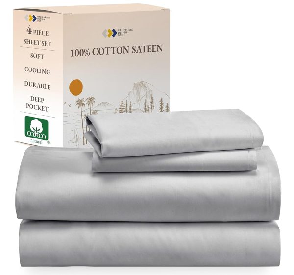 California Design Den Soft Cooling Sheets, 100% Cotton Sheets King Size Bed Sheets Set with Deep Pockets, Bedding & Pillowcases Set for Light Grey Sheets, King Sheets Set with...