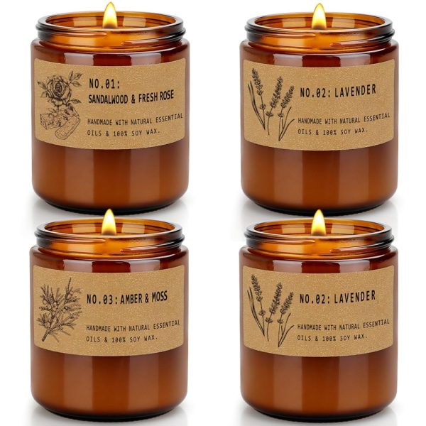 Candles for Home Scented, 4 Pack 28 Oz Candles Gifts for Women, Large Soy Scented Candles, Lavender Fresh Rose Long Lasting Aromatherapy Amber Candle Set for Women Men Birthday...