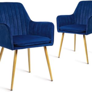 CangLong Furniture Modern Living Dining Room Accent Arm Chairs Club Guest with Gold Metal Legs, Set of 2, Navy Blue