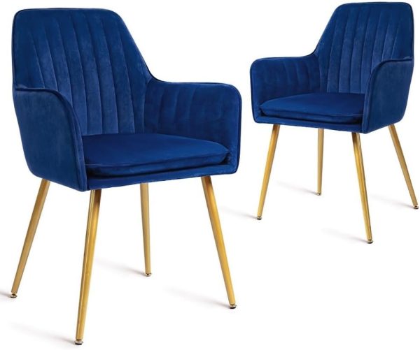 CangLong Furniture Modern Living Dining Room Accent Arm Chairs Club Guest with Gold Metal Legs, Set of 2, Navy Blue