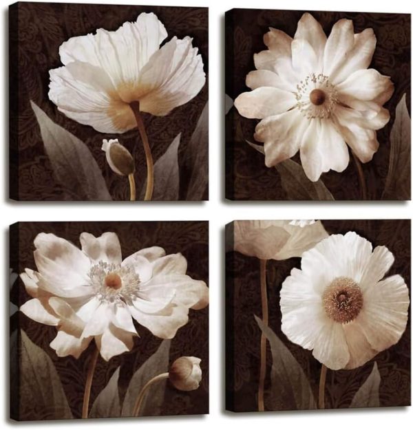 Canvas Wall Art Contemporary Simple Life White Flowers Floral Painting for Home Bedroom Decor - 4 Panels Framed Artwork Prints Brown HD Pictures for Living Room Bathroom Decor...