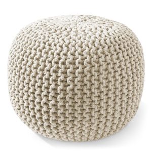 Casafield Round Pouf Ottoman, Natural - 20" Diameter x 14.5" High Cotton Knit Foot Stool - Boho Floor Pouffe for Living Room, Bedroom, Home Office