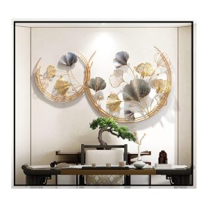 CDDUOLA 3D Room Wall Decor, Handmade Art Metal Round Golden Ginkgo Leaf Decorative Wall Sculpture for Home Living Room And Bedroom, 2 Pack