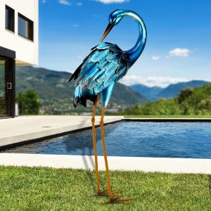 Chisheen Crane Garden Statues, Metal Garden Crane Outdoor, Blue Heron Sculpture Metal Yard Art, Large Garden Heron Decoy, Bird Statues, Lawn Ornaments for Backyard Pond Patio...