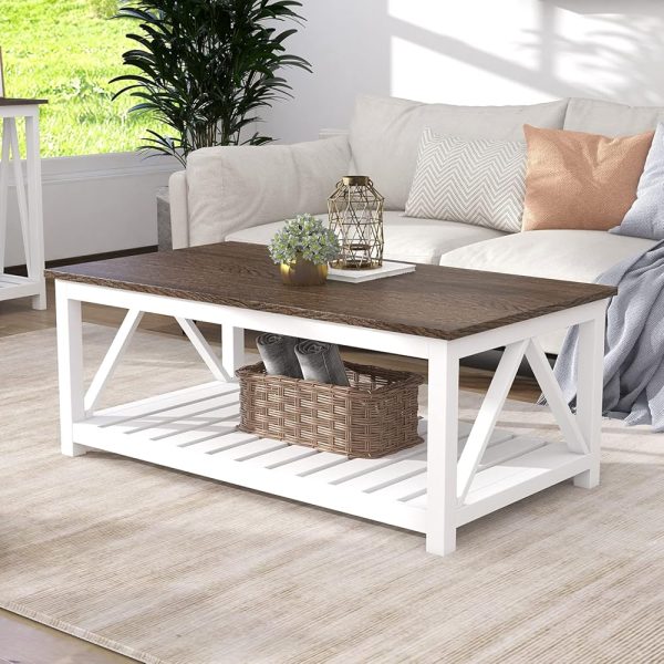 ChooChoo Farmhouse Coffee Table, Rustic Vintage Living Room Table with Shelf, 40 White