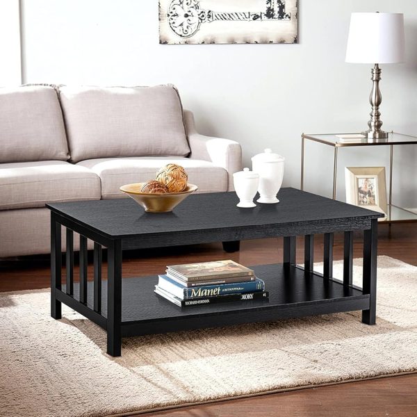 ChooChoo Mission Coffee Table, Black Wood Living Room Table with Shelf, 40 Black