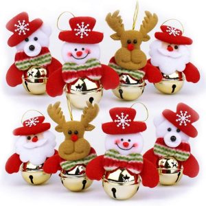 Christmas Bell Ornaments Sets Cute Santa Snowman Reindeer Bear for Holiday Party Decor-8PCS