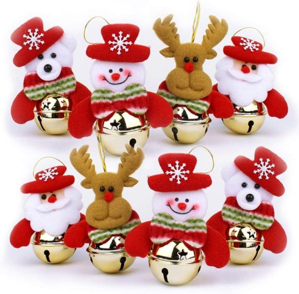 Christmas Bell Ornaments Sets Cute Santa Snowman Reindeer Bear for Holiday Party Decor-8PCS