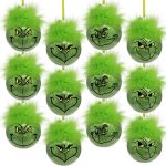 Christmas Decorations Indoor: 12pcs Cute Grinchmas Christmas Tree Ornaments with Fuzzy Green Hair, Glitter Hanging Grinchmas Xmas Balls for Tree Fireplaces, Kids Home School...