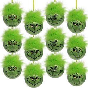 Christmas Decorations Indoor: 12pcs Cute Grinchmas Christmas Tree Ornaments with Fuzzy Green Hair, Glitter Hanging Grinchmas Xmas Balls for Tree Fireplaces, Kids Home School...