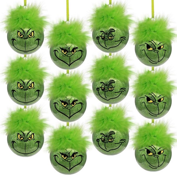 Christmas Decorations Indoor: 12pcs Cute Grinchmas Christmas Tree Ornaments with Fuzzy Green Hair, Glitter Hanging Grinchmas Xmas Balls for Tree Fireplaces, Kids Home School...