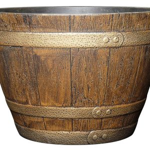 Classic Home and Garden Whiskey Plastic Resin Flower Pot Barrel Planter, Oak Brown, 15"