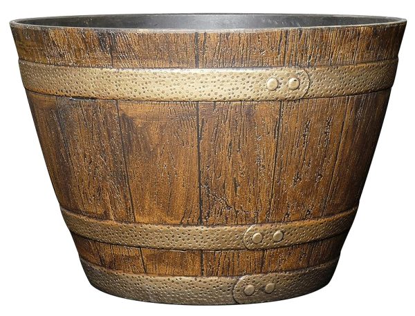 Classic Home and Garden Whiskey Plastic Resin Flower Pot Barrel Planter, Oak Brown, 15"