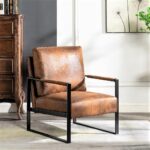 Classic Mid Century Modern Accent Chair with Durable Square Metal Frame, Armchair for Living Room, Bedroom, Home Office in Spotted Microfiber Upholstery, Light Brown