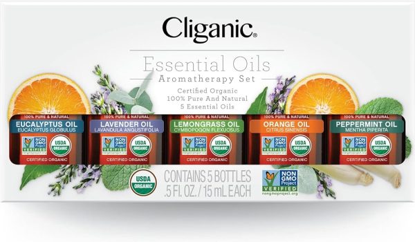 Cliganic Organic Essential Oils Set (Top 5 x 15ml) - 100% Pure Natural - Aromatherapy, Candle Making - Peppermint, Lavender, Eucalyptus, Lemongrass & Orange