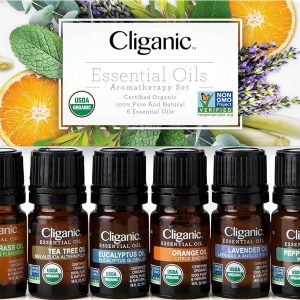 Cliganic USDA Organic Aromatherapy Essential Oils Set (Top 6), 100% Pure Natural - Peppermint, Lavender, Eucalyptus, Tea Tree, Lemongrass & Orange